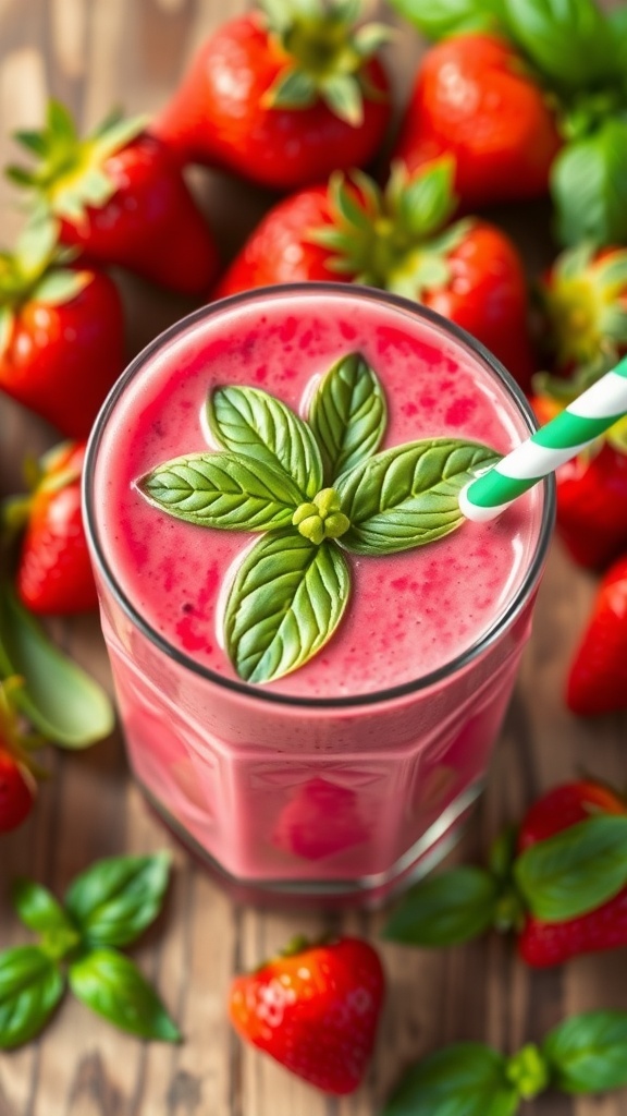 A refreshing strawberry basil smoothie in a glass with basil leaves and strawberries on a wooden table.